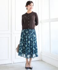 F1HGF05140 MK MICHEL KLEIN(小さいサイズ)(メゾン ドゥ サンク) 【小さいサイズ】更紗プリント花柄シフォンスカート/丈の長さが選べる/洗濯機で洗える/セットアップ対応 ベージュ