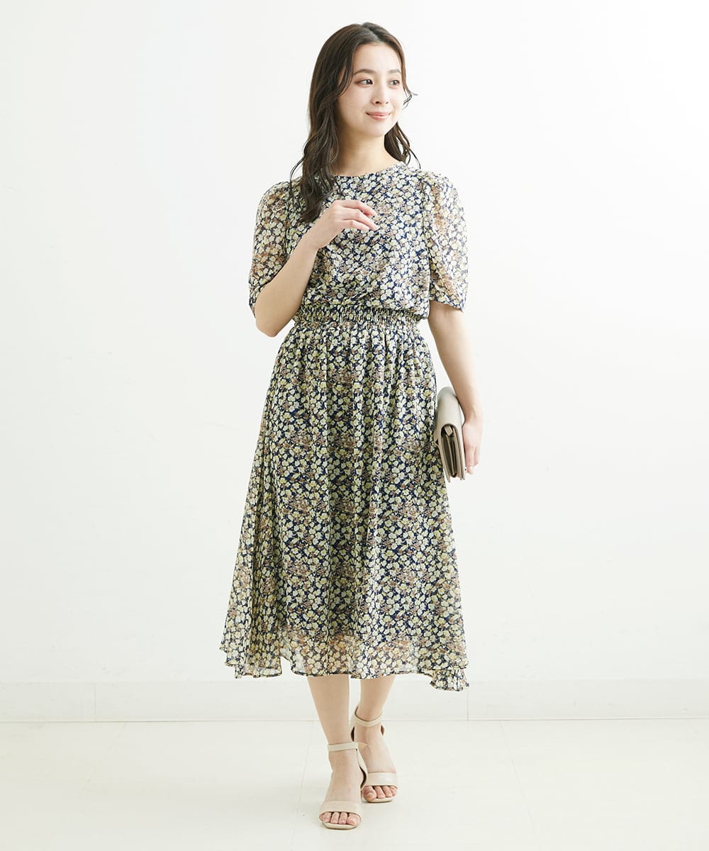 F1HGS06140 MK MICHEL KLEIN(小さいサイズ)(メゾン ドゥ サンク) 【小さいサイズ】小花柄シフォンスカート/丈の長さが選べる/洗える ネイビー