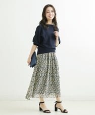 F1HGS06140 MK MICHEL KLEIN(小さいサイズ)(メゾン ドゥ サンク) 【小さいサイズ】小花柄シフォンスカート/丈の長さが選べる/洗える ネイビー
