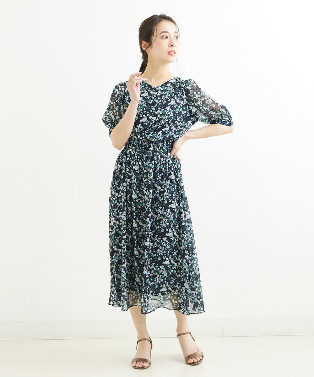 F1HGS08140 MK MICHEL KLEIN(小さいサイズ)(メゾン ドゥ サンク) 【小さいサイズ】花柄シフォンスカート/丈の長さが選べる/洗える ライトブルー
