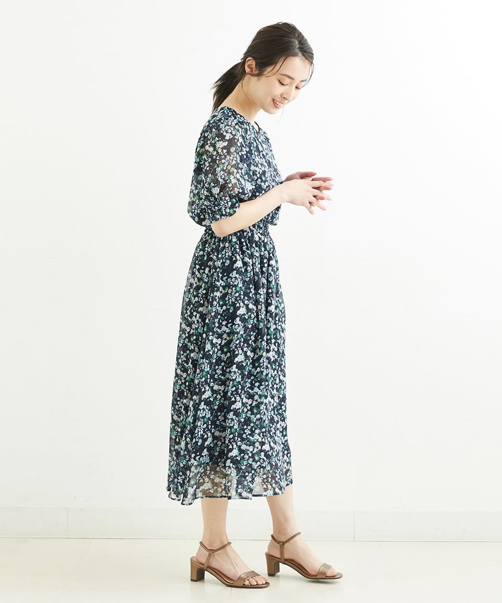 F1HGS08140 MK MICHEL KLEIN(小さいサイズ)(メゾン ドゥ サンク) 【小さいサイズ】花柄シフォンスカート/丈の長さが選べる/洗える ライトブルー