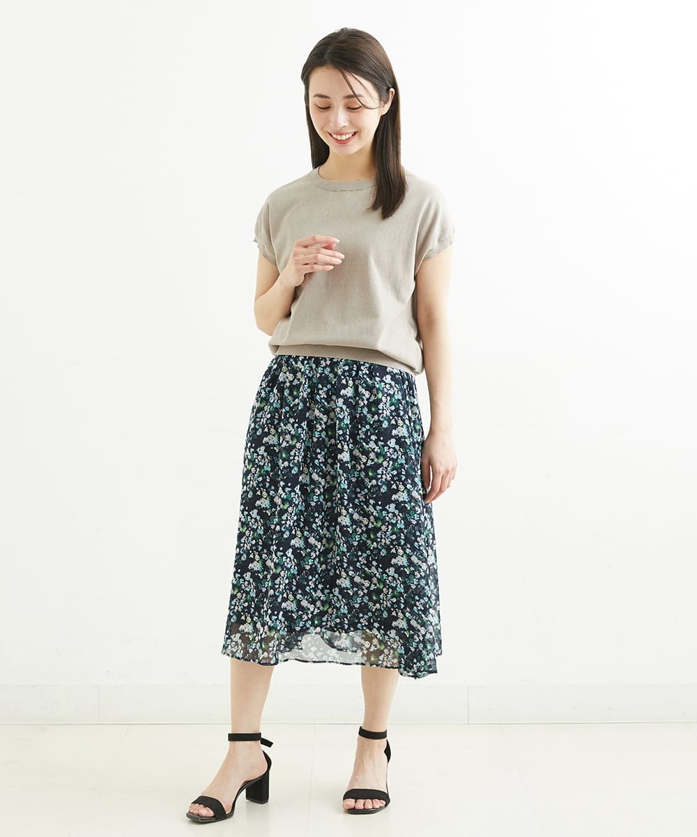 F1HGS08140 MK MICHEL KLEIN(小さいサイズ)(メゾン ドゥ サンク) 【小さいサイズ】花柄シフォンスカート/丈の長さが選べる/洗える ライトブルー