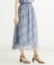 F1HGS09140 MK MICHEL KLEIN(小さいサイズ)(メゾン ドゥ サンク) 【小さいサイズ】花柄シフォンスカート/丈の長さが選べる/洗える ライトブルー