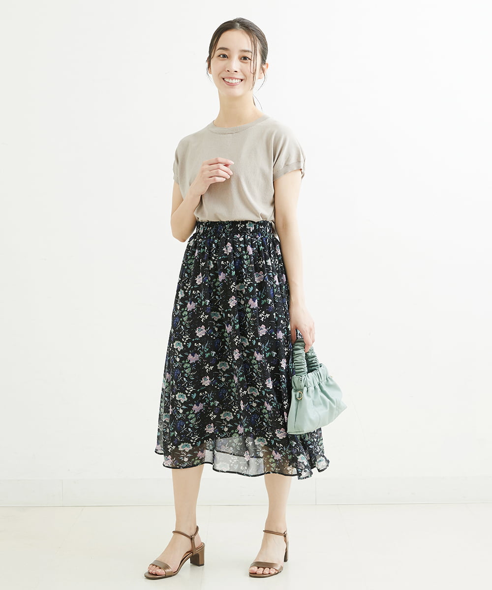 F1HGS09140 MK MICHEL KLEIN(小さいサイズ)(メゾン ドゥ サンク) 【小さいサイズ】花柄シフォンスカート/丈の長さが選べる/洗える ライトブルー