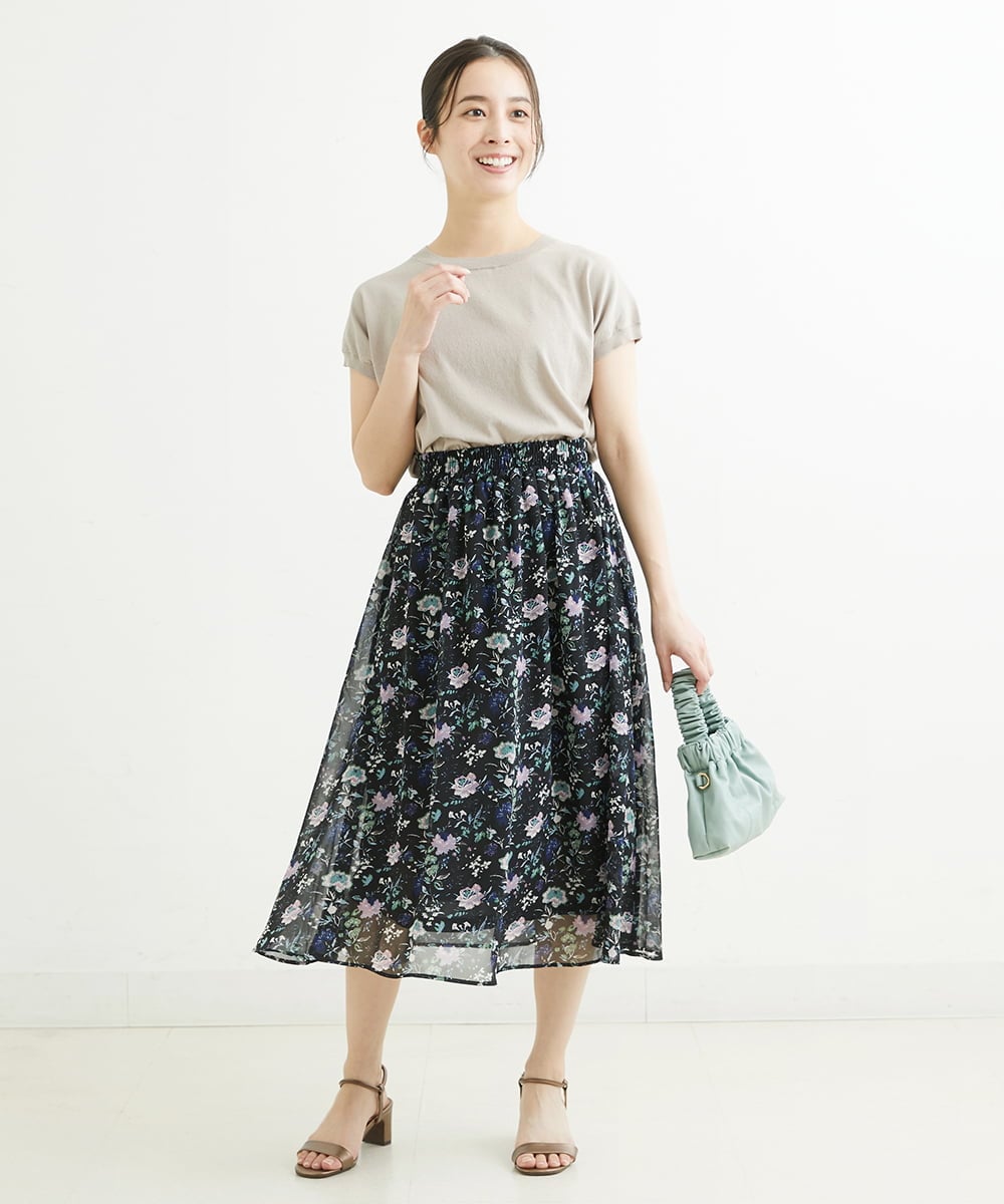 F1HGS09140 MK MICHEL KLEIN(小さいサイズ)(メゾン ドゥ サンク) 【小さいサイズ】花柄シフォンスカート/丈の長さが選べる/洗える ライトブルー