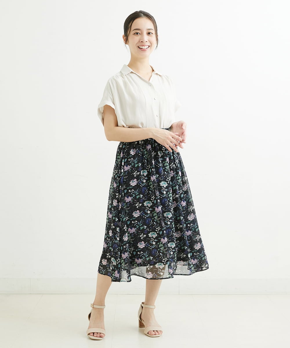 F1HGS09140 MK MICHEL KLEIN(小さいサイズ)(メゾン ドゥ サンク) 【小さいサイズ】花柄シフォンスカート/丈の長さが選べる/洗える ライトブルー