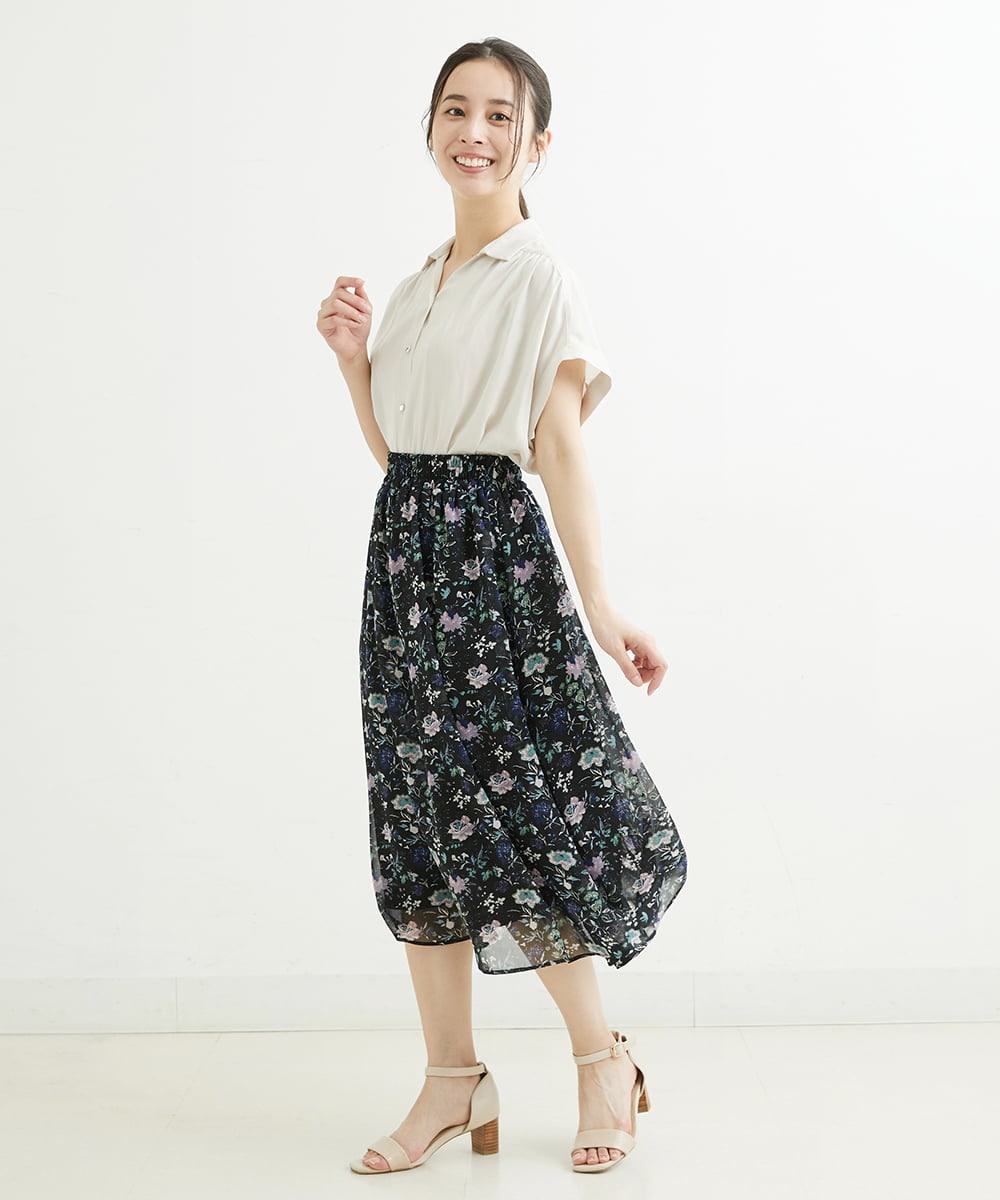 F1HGS09140 MK MICHEL KLEIN(小さいサイズ)(メゾン ドゥ サンク) 【小さいサイズ】花柄シフォンスカート/丈の長さが選べる/洗える ライトブルー