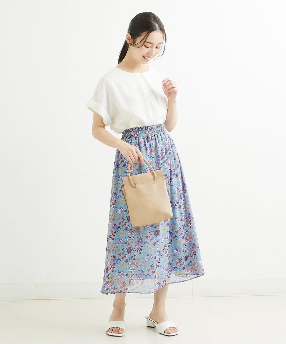 F1HGS09140 MK MICHEL KLEIN(小さいサイズ)(メゾン ドゥ サンク) 【小さいサイズ】花柄シフォンスカート/丈の長さが選べる/洗える ライトブルー