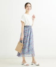F1HGS09140 MK MICHEL KLEIN(小さいサイズ)(メゾン ドゥ サンク) 【小さいサイズ】花柄シフォンスカート/丈の長さが選べる/洗える ライトブルー