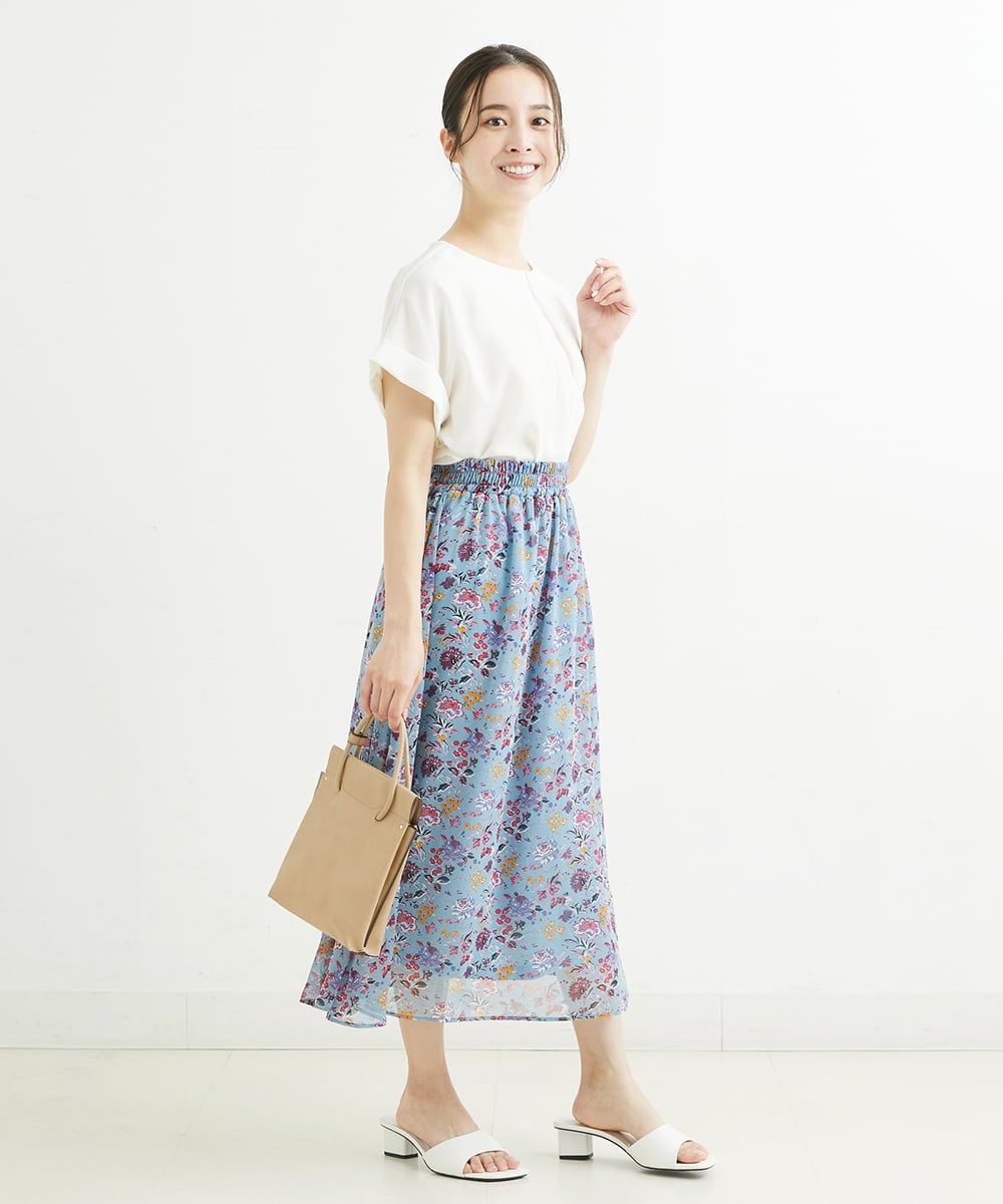 F1HGS09140 MK MICHEL KLEIN(小さいサイズ)(メゾン ドゥ サンク) 【小さいサイズ】花柄シフォンスカート/丈の長さが選べる/洗える ライトブルー