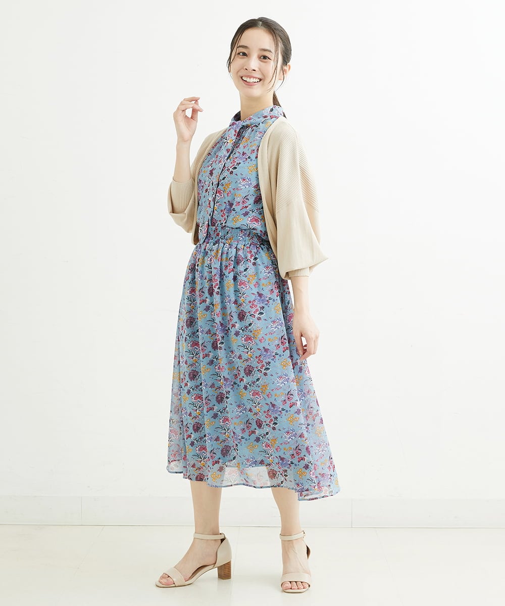 F1HGS09140 MK MICHEL KLEIN(小さいサイズ)(メゾン ドゥ サンク) 【小さいサイズ】花柄シフォンスカート/丈の長さが選べる/洗える ライトブルー
