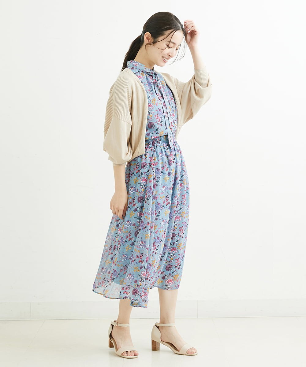 F1HGS09140 MK MICHEL KLEIN(小さいサイズ)(メゾン ドゥ サンク) 【小さいサイズ】花柄シフォンスカート/丈の長さが選べる/洗える ライトブルー