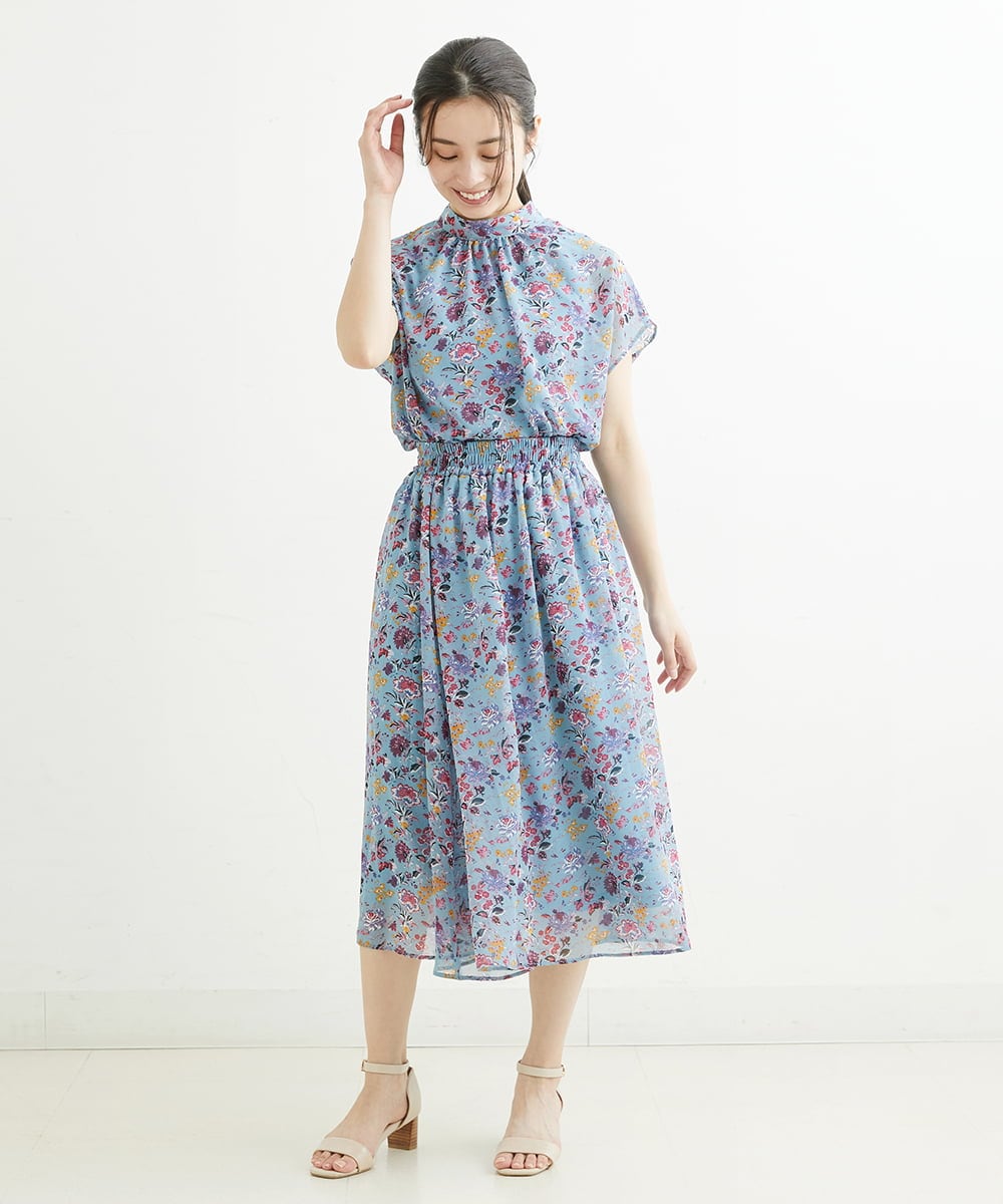 F1HGS09140 MK MICHEL KLEIN(小さいサイズ)(メゾン ドゥ サンク) 【小さいサイズ】花柄シフォンスカート/丈の長さが選べる/洗える ライトブルー
