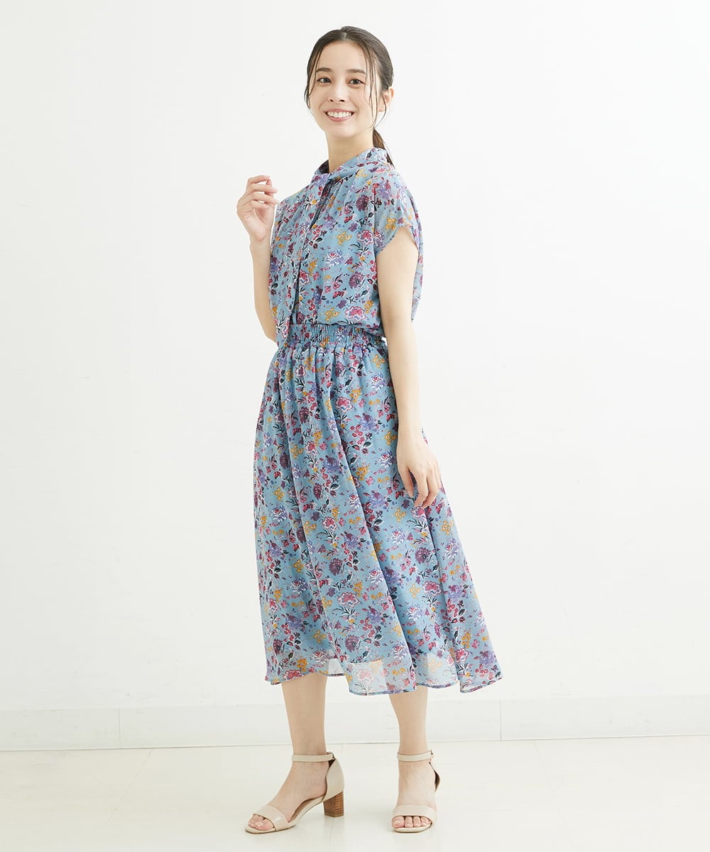 F1HGS09140 MK MICHEL KLEIN(小さいサイズ)(メゾン ドゥ サンク) 【小さいサイズ】花柄シフォンスカート/丈の長さが選べる/洗える ライトブルー