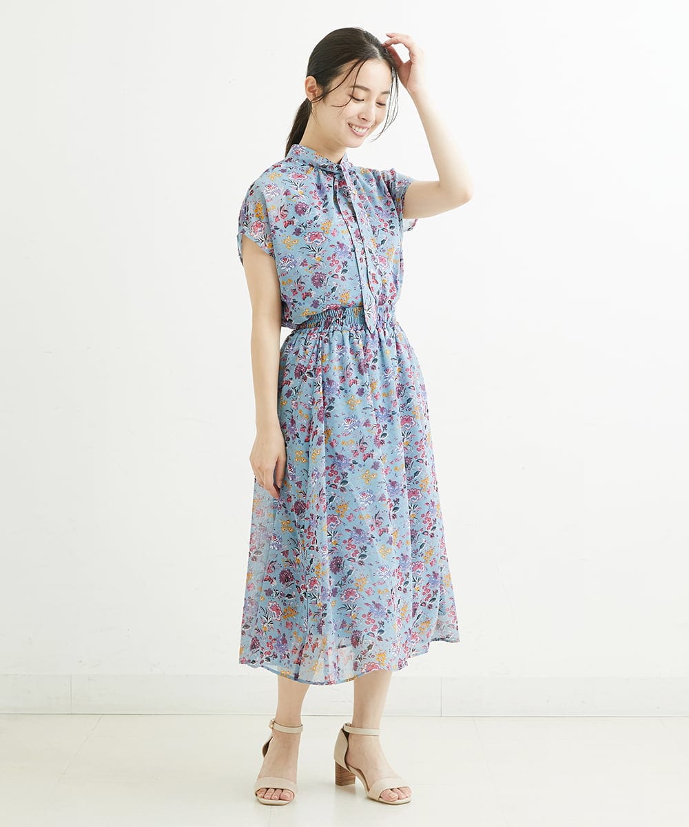 F1HGS09140 MK MICHEL KLEIN(小さいサイズ)(メゾン ドゥ サンク) 【小さいサイズ】花柄シフォンスカート/丈の長さが選べる/洗える ライトブルー