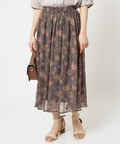 Maison de CINQ(メゾン ドゥ サンク) 【小さいサイズ】更紗プリント花柄シフォンスカート/丈の長さが選べる/洗える/セットアップ対応 カーキ/緑 34
