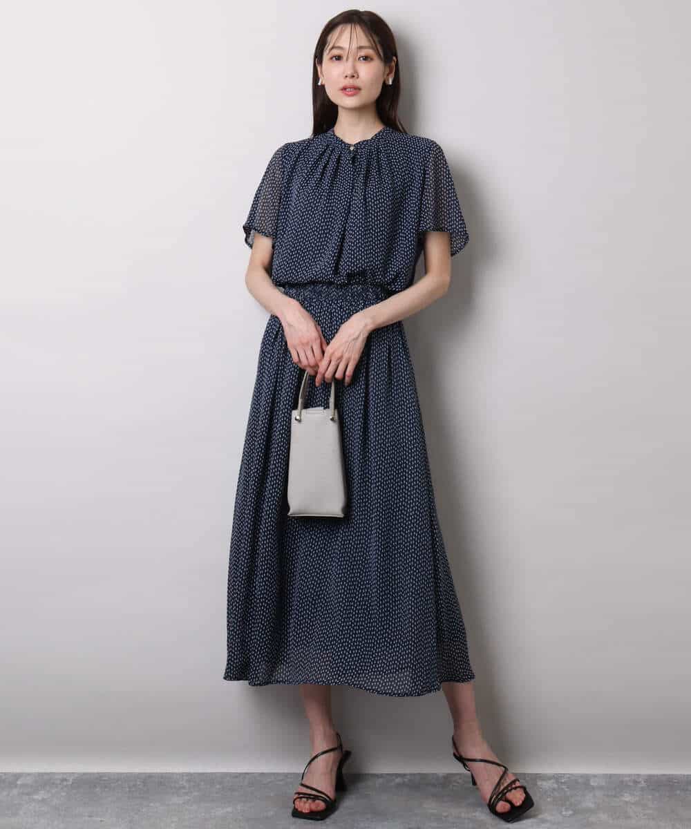 F1HHA06140 MK MICHEL KLEIN(小さいサイズ)(メゾン ドゥ サンク) 【小さいサイズ】スクエアドット柄シフォンスカート/丈の長さが選べる/洗える/セットアップ対応 ネイビー