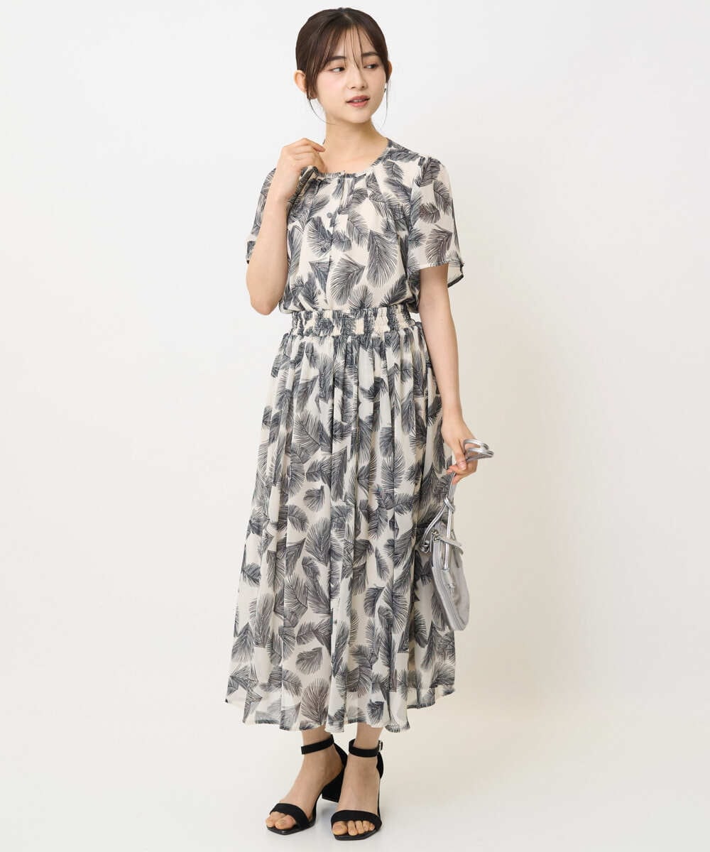 F1HJA08140 MK MICHEL KLEIN(小さいサイズ)(メゾン ドゥ サンク) 【小さいサイズ】リーフ柄シフォンスカート/丈の長さが選べる/洗える/セットアップ対応 アイボリー