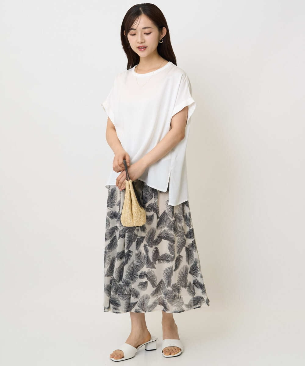 F1HJA08140 MK MICHEL KLEIN(小さいサイズ)(メゾン ドゥ サンク) 【小さいサイズ】リーフ柄シフォンスカート/丈の長さが選べる/洗える/セットアップ対応 アイボリー