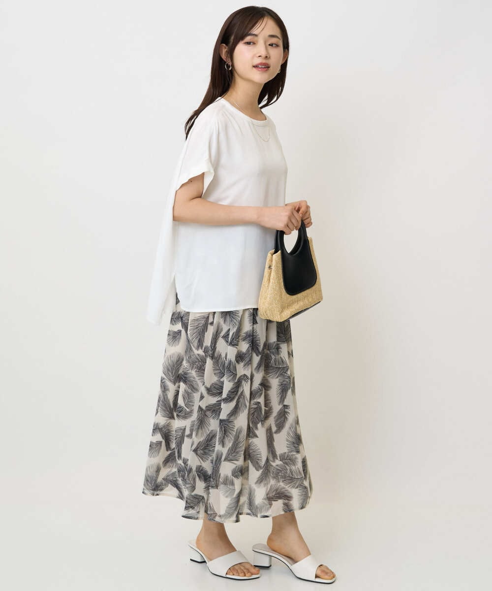F1HJA08140 MK MICHEL KLEIN(小さいサイズ)(メゾン ドゥ サンク) 【小さいサイズ】リーフ柄シフォンスカート/丈の長さが選べる/洗える/セットアップ対応 アイボリー