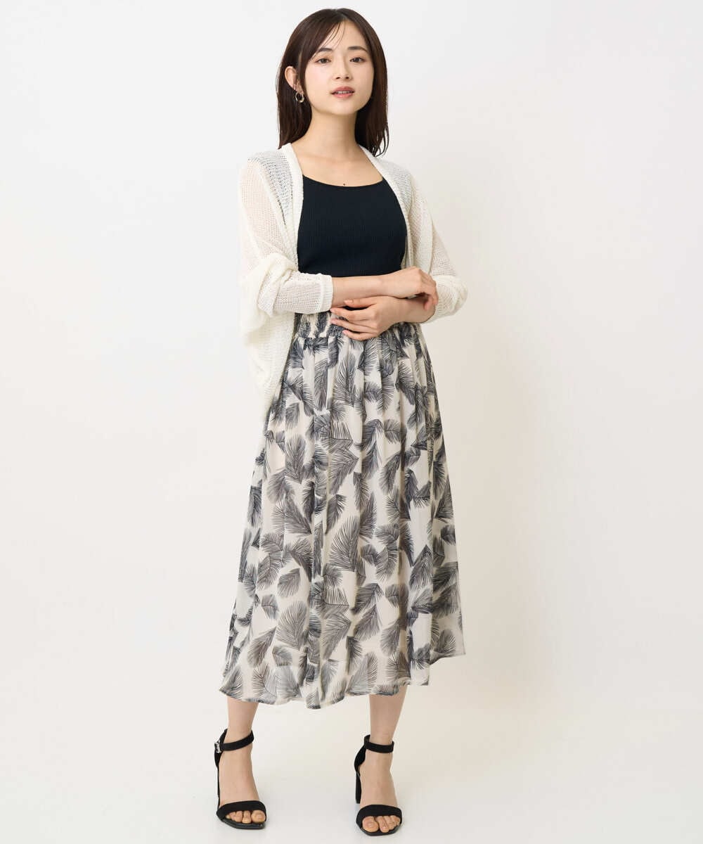 F1HJA08140 MK MICHEL KLEIN(小さいサイズ)(メゾン ドゥ サンク) 【小さいサイズ】リーフ柄シフォンスカート/丈の長さが選べる/洗える/セットアップ対応 アイボリー