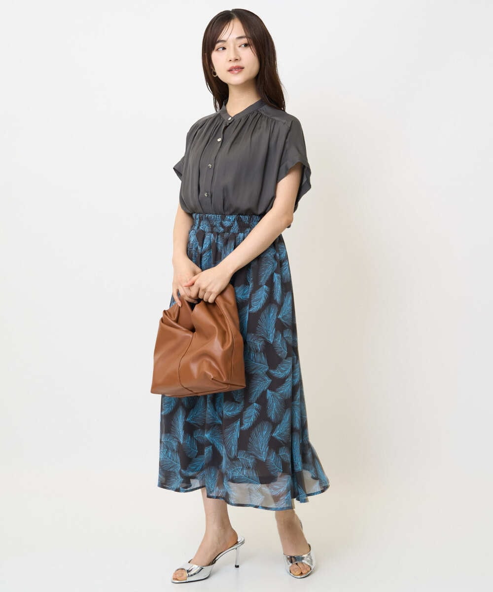 F1HJA08140 MK MICHEL KLEIN(小さいサイズ)(メゾン ドゥ サンク) 【小さいサイズ】リーフ柄シフォンスカート/丈の長さが選べる/洗える/セットアップ対応 アイボリー
