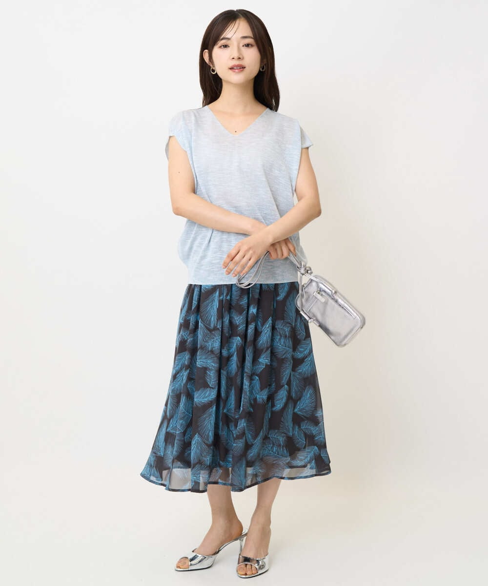 F1HJA08140 MK MICHEL KLEIN(小さいサイズ)(メゾン ドゥ サンク) 【小さいサイズ】リーフ柄シフォンスカート/丈の長さが選べる/洗える/セットアップ対応 アイボリー