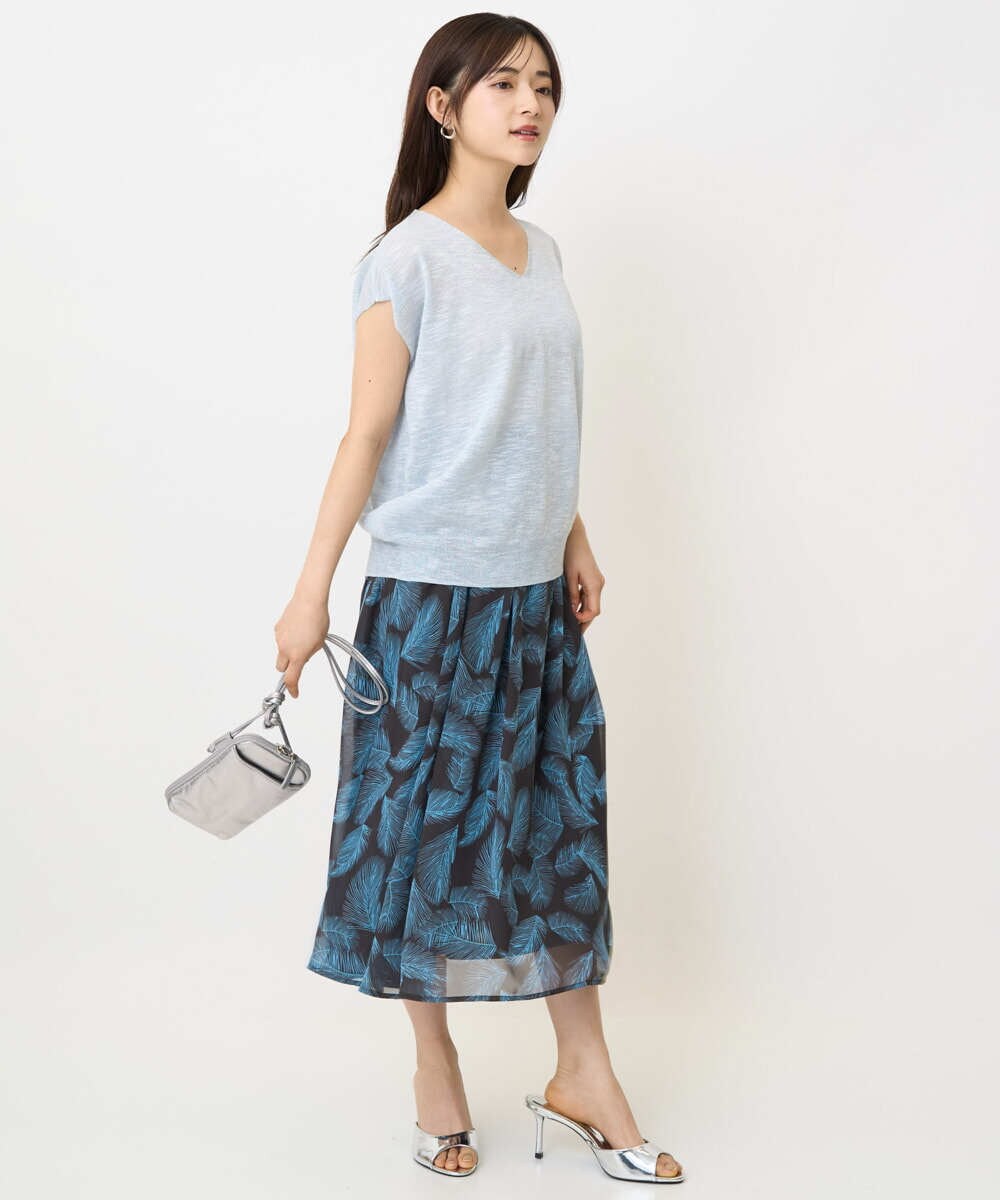 F1HJA08140 MK MICHEL KLEIN(小さいサイズ)(メゾン ドゥ サンク) 【小さいサイズ】リーフ柄シフォンスカート/丈の長さが選べる/洗える/セットアップ対応 アイボリー
