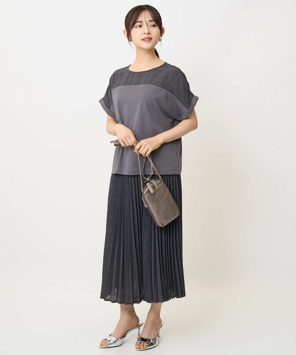 F1HJA71170 MK MICHEL KLEIN(小さいサイズ)(メゾン ドゥ サンク) 【小さいサイズ】楊柳シアーチェックプリーツスカート/洗える/セットアップ対応 ライトグレー