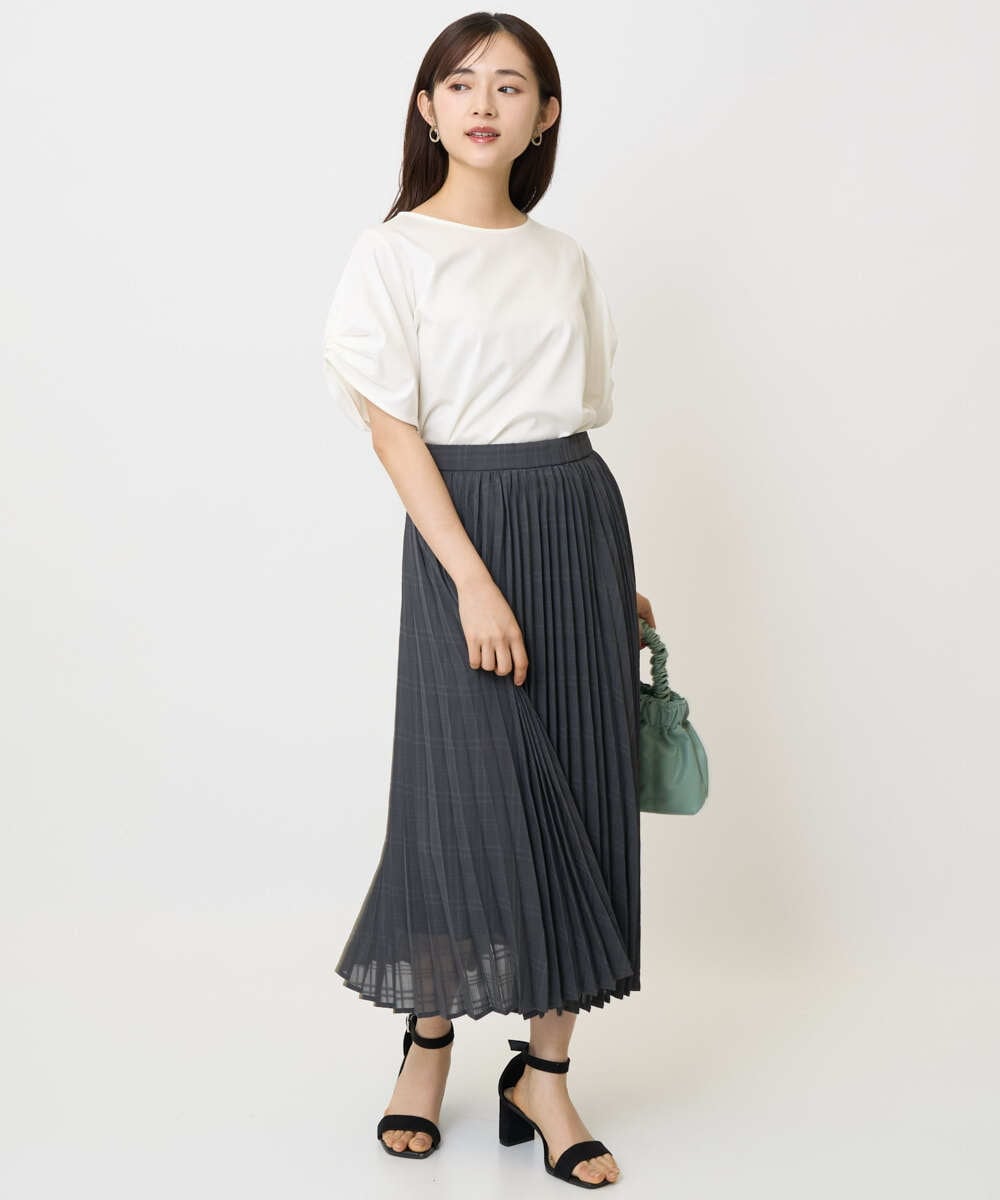 F1HJA71170 MK MICHEL KLEIN(小さいサイズ)(メゾン ドゥ サンク) 【小さいサイズ】楊柳シアーチェックプリーツスカート/洗える/セットアップ対応 ライトグレー