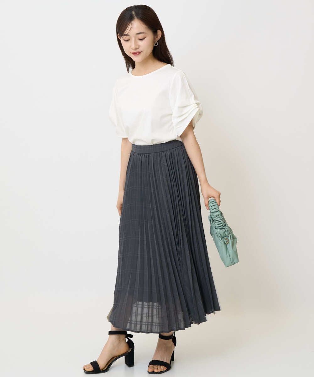 F1HJA71170 MK MICHEL KLEIN(小さいサイズ)(メゾン ドゥ サンク) 【小さいサイズ】楊柳シアーチェックプリーツスカート/洗える/セットアップ対応 ライトグレー