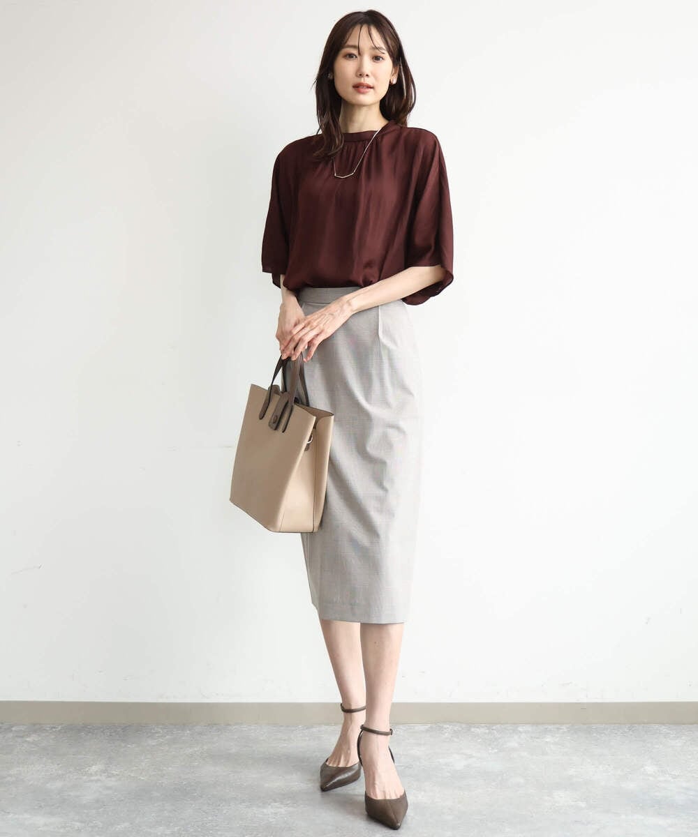 F1HJD31160 MK MICHEL KLEIN(小さいサイズ)(メゾン ドゥ サンク) 【小さいサイズ】[洗える]グレンチェック柄タイトスカート ブラウン