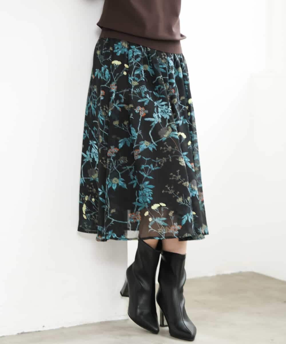 F1HJD37150 MK MICHEL KLEIN(小さいサイズ)(メゾン ドゥ サンク) 【小さいサイズ】[セットアップ］[洗える]水彩花柄シフォンスカート キャメル