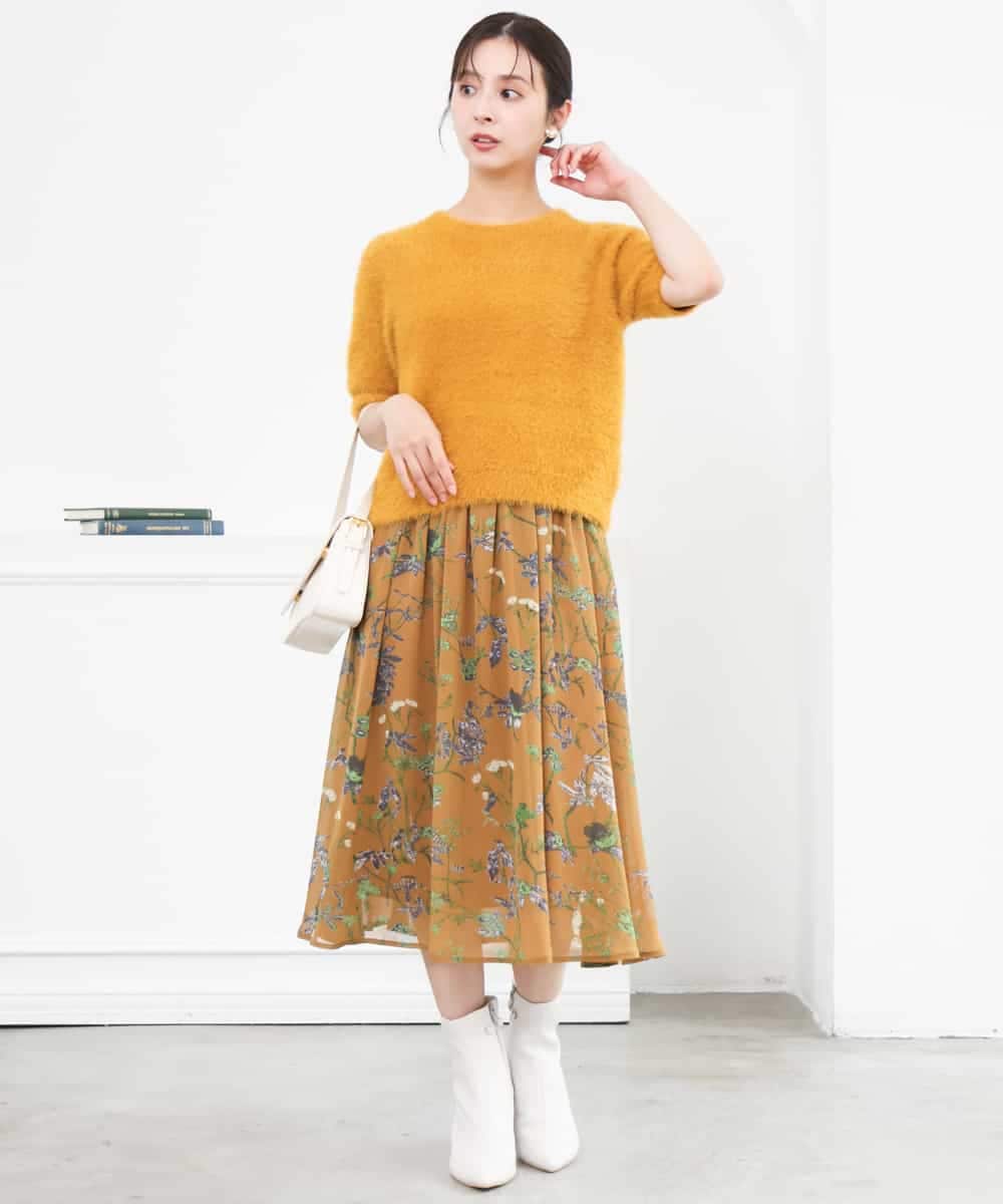 F1HJD37150 MK MICHEL KLEIN(小さいサイズ)(メゾン ドゥ サンク) 【小さいサイズ】[セットアップ］[洗える]水彩花柄シフォンスカート キャメル