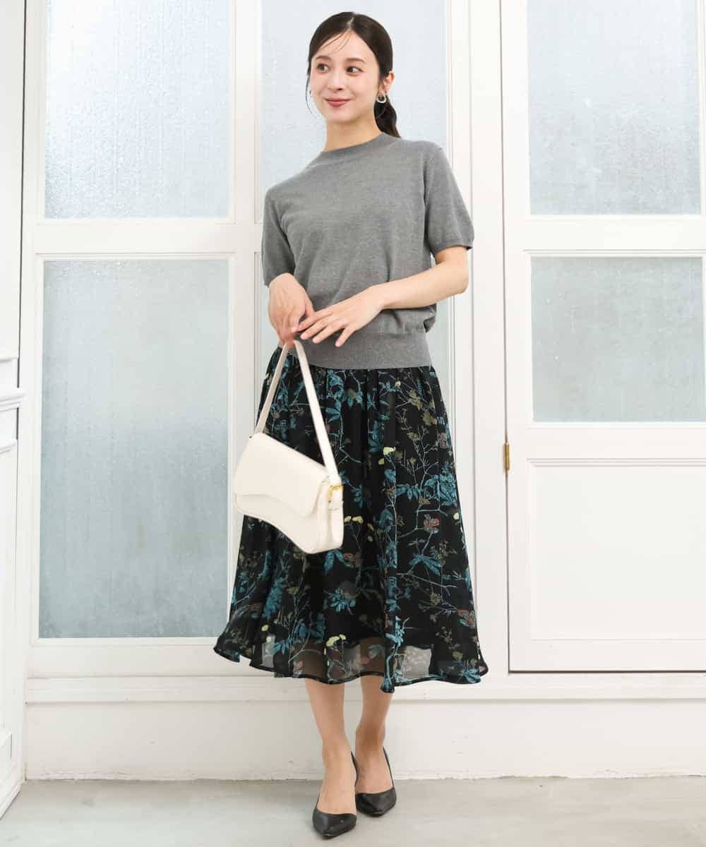 F1HJD37150 MK MICHEL KLEIN(小さいサイズ)(メゾン ドゥ サンク) 【小さいサイズ】[セットアップ］[洗える]水彩花柄シフォンスカート キャメル