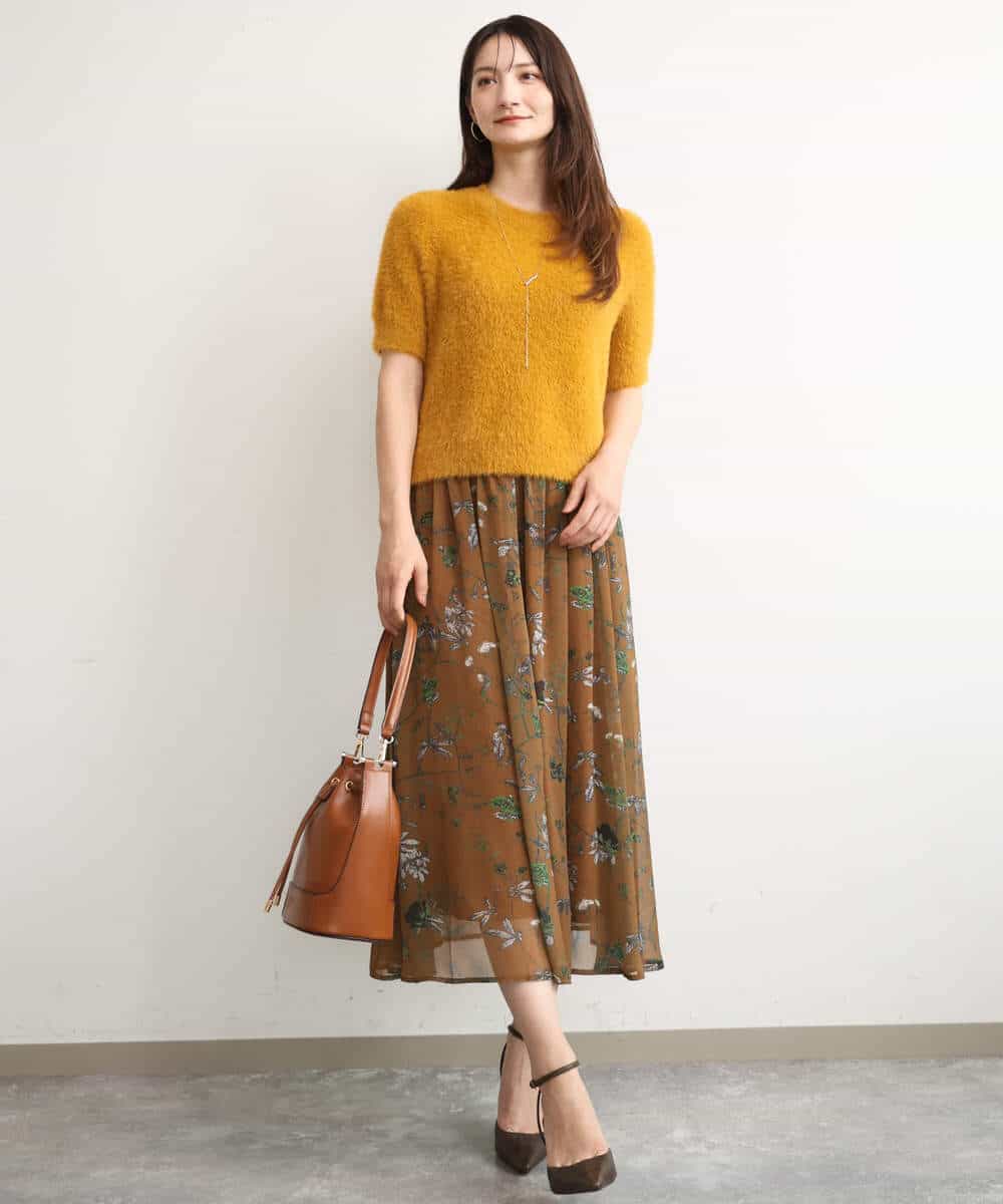 F1HJD37150 MK MICHEL KLEIN(小さいサイズ)(メゾン ドゥ サンク) 【小さいサイズ】[洗える]水彩花柄シフォンスカート ダークブラウン