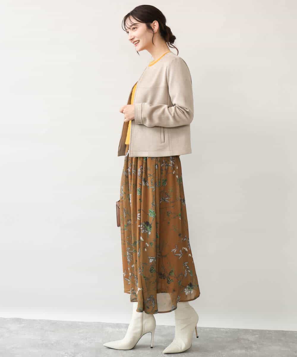 F1HJD37150 MK MICHEL KLEIN(小さいサイズ)(メゾン ドゥ サンク) 【小さいサイズ】[洗える]水彩花柄シフォンスカート ダークブラウン