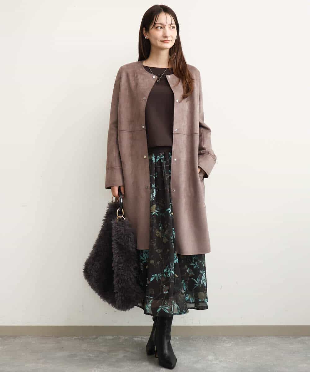F1HJD37150 MK MICHEL KLEIN(小さいサイズ)(メゾン ドゥ サンク) 【小さいサイズ】[洗える]水彩花柄シフォンスカート ダークブラウン