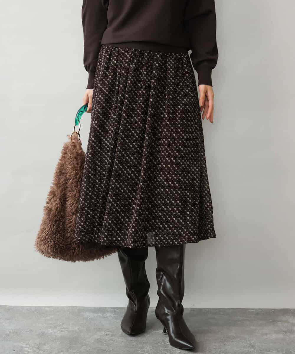 F1HJD39150 MK MICHEL KLEIN(小さいサイズ)(メゾン ドゥ サンク) 【小さいサイズ】[セットアップ］[洗える]スクエア幾何柄シフォンスカート ブルーグリーン