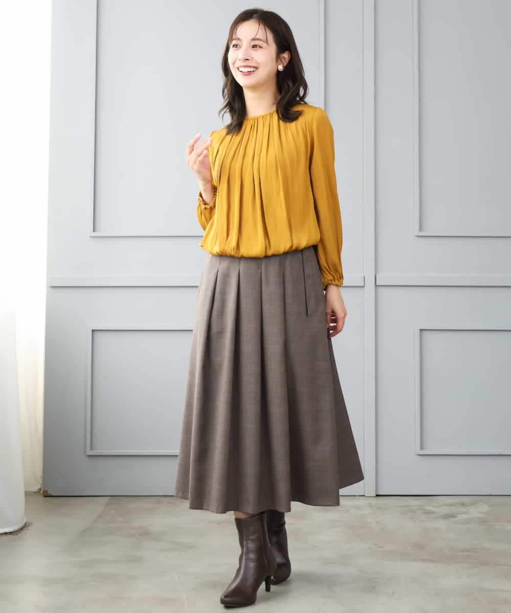 F1HJD40180 MK MICHEL KLEIN(小さいサイズ)(メゾン ドゥ サンク) 【小さいサイズ】[洗える]グレンチェック柄ラップ風タックスカート ブラウン