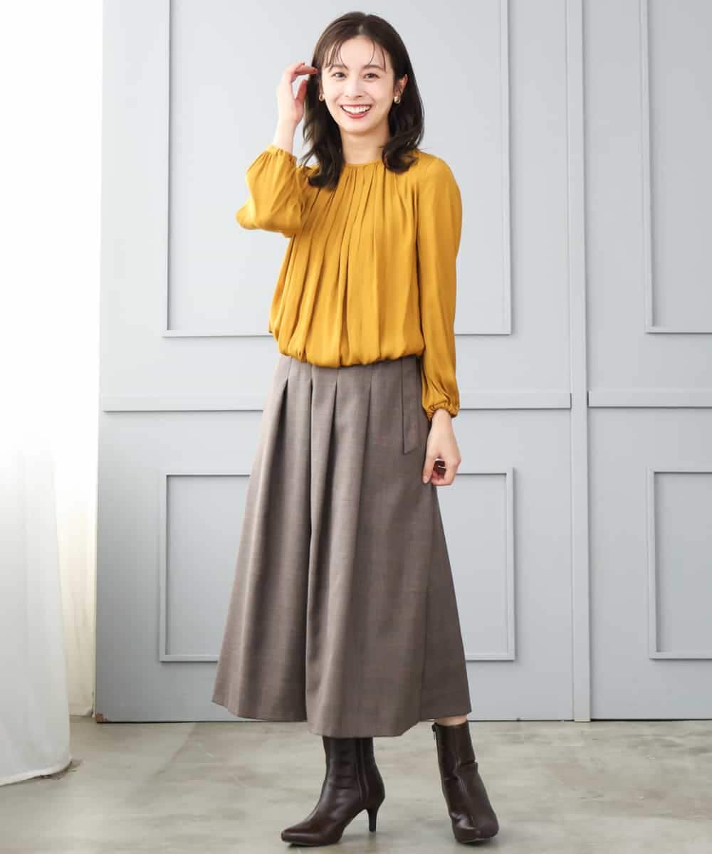F1HJD40180 MK MICHEL KLEIN(小さいサイズ)(メゾン ドゥ サンク) 【小さいサイズ】[洗える]グレンチェック柄ラップ風タックスカート ブラウン