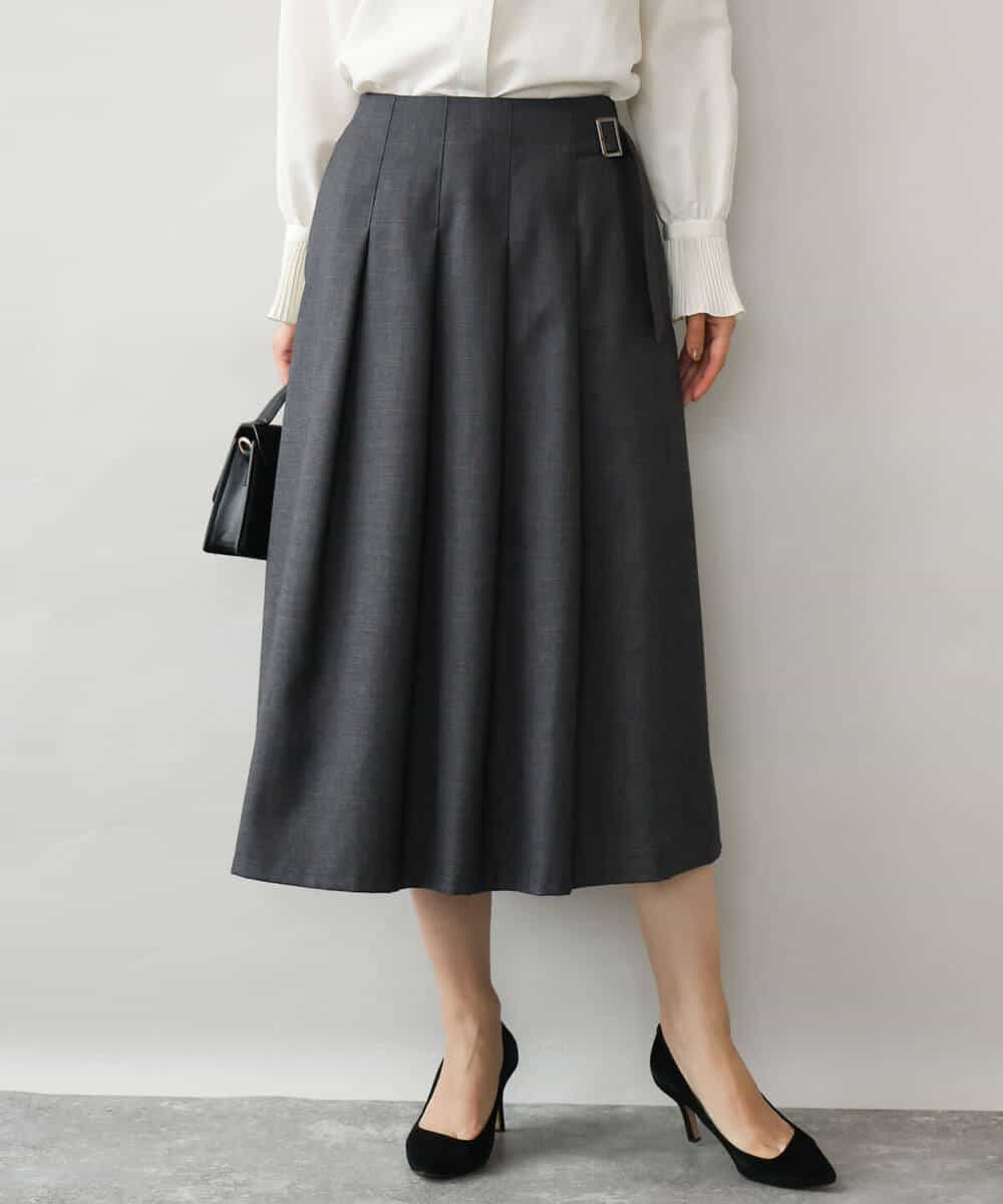 F1HJD40180 MK MICHEL KLEIN(小さいサイズ)(メゾン ドゥ サンク) 【小さいサイズ】[洗える]グレンチェック柄ラップ風タックスカート ダークグレー