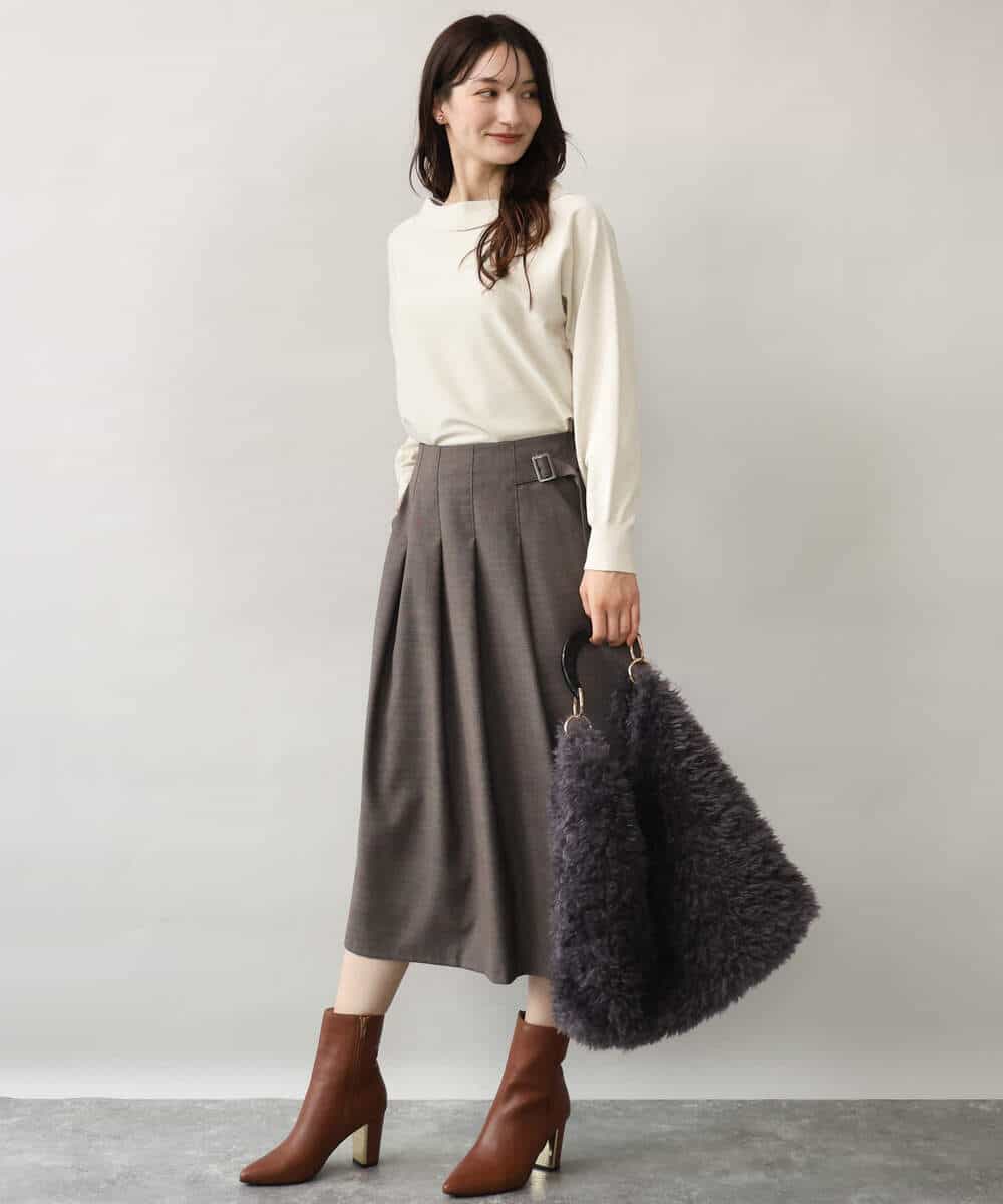 F1HJD40180 MK MICHEL KLEIN(小さいサイズ)(メゾン ドゥ サンク) 【小さいサイズ】[洗える]グレンチェック柄ラップ風タックスカート ダークグレー