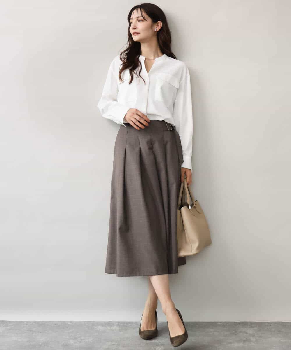 F1HJD40180 MK MICHEL KLEIN(小さいサイズ)(メゾン ドゥ サンク) 【小さいサイズ】[洗える]グレンチェック柄ラップ風タックスカート ダークグレー