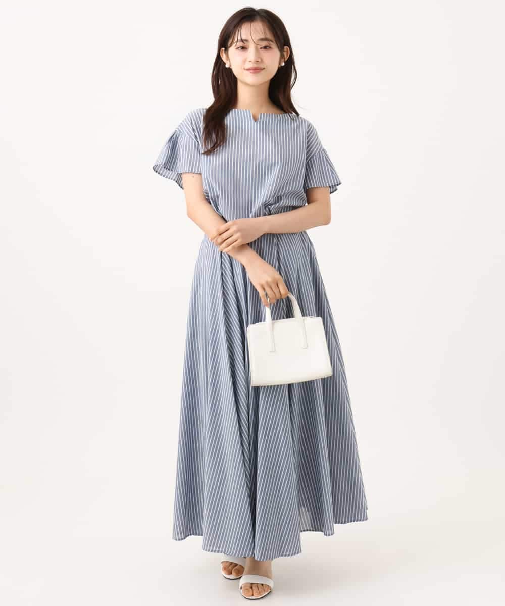 F1HJD77180 MK MICHEL KLEIN(小さいサイズ)(メゾン ドゥ サンク) 【小さいサイズ】[接触冷感/透湿性/洗える]ストライプ柄フレアースカート ライトブルー