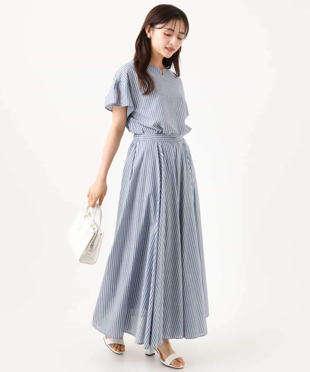F1HJD77180 MK MICHEL KLEIN(小さいサイズ)(メゾン ドゥ サンク) 【小さいサイズ】[接触冷感/透湿性/洗える]ストライプ柄フレアースカート ライトブルー