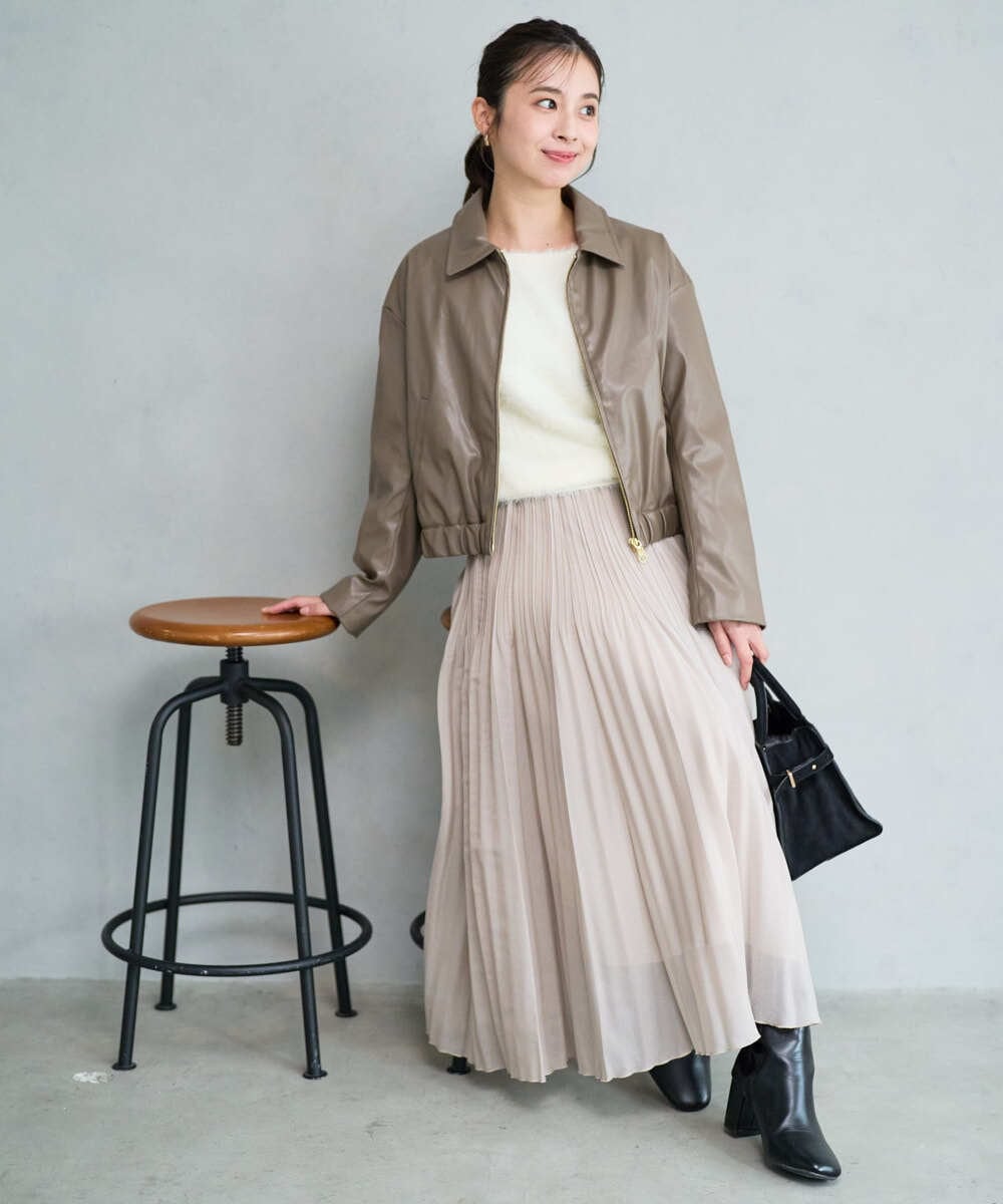 F1JAD41240 MK MICHEL KLEIN(小さいサイズ)(メゾン ドゥ サンク) 【小さいサイズ】ステンカラーフェイクレザーブルゾン/洗える モカ