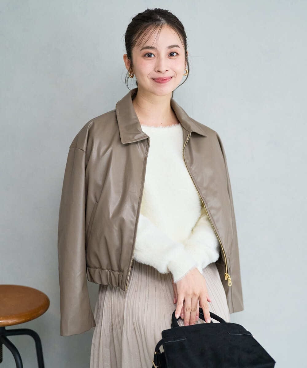 F1JAD41240 MK MICHEL KLEIN(小さいサイズ)(メゾン ドゥ サンク) 【小さいサイズ】ステンカラーフェイクレザーブルゾン/洗える モカ