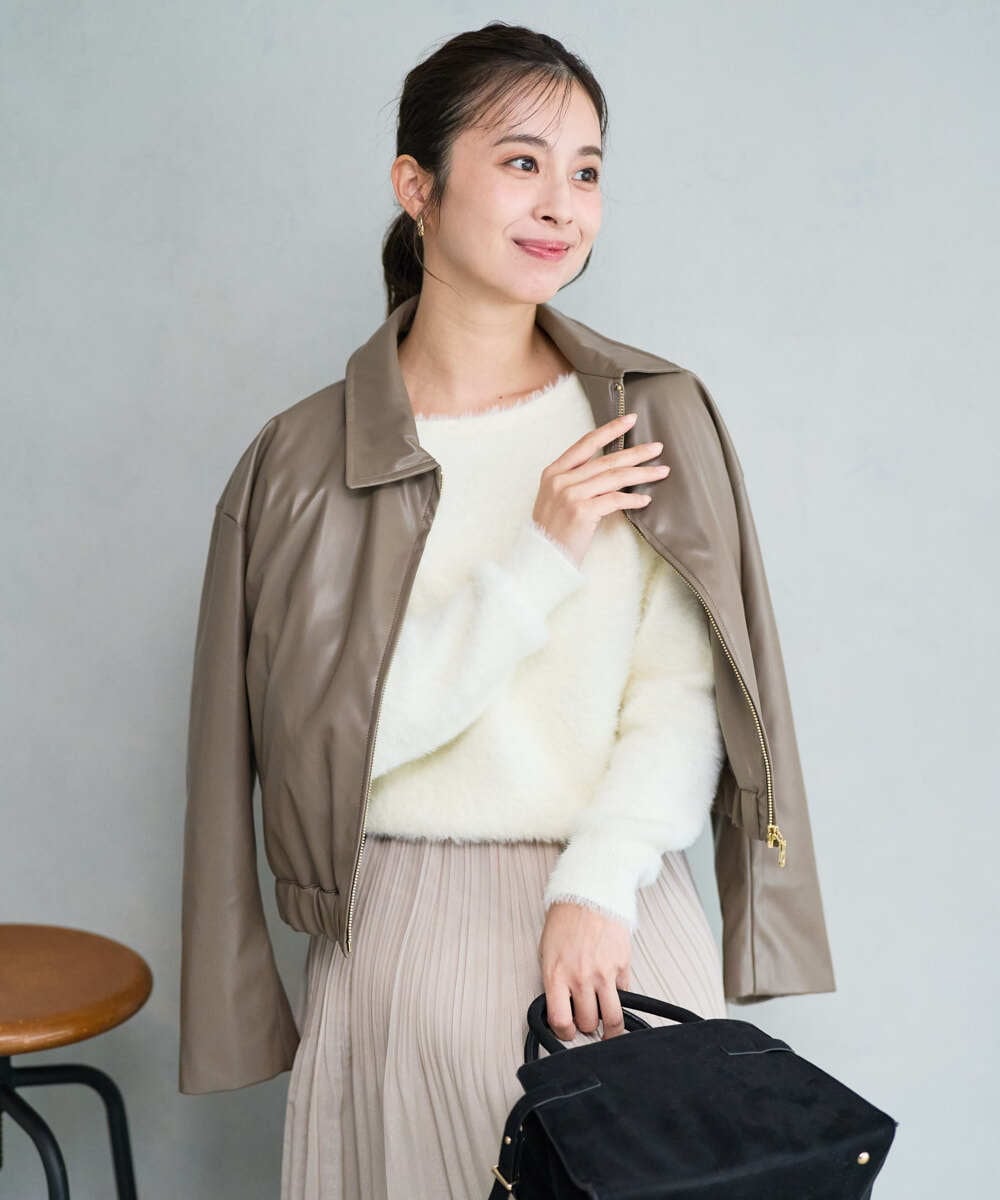 F1JAD41240 MK MICHEL KLEIN(小さいサイズ)(メゾン ドゥ サンク) 【小さいサイズ】ステンカラーフェイクレザーブルゾン/洗える モカ