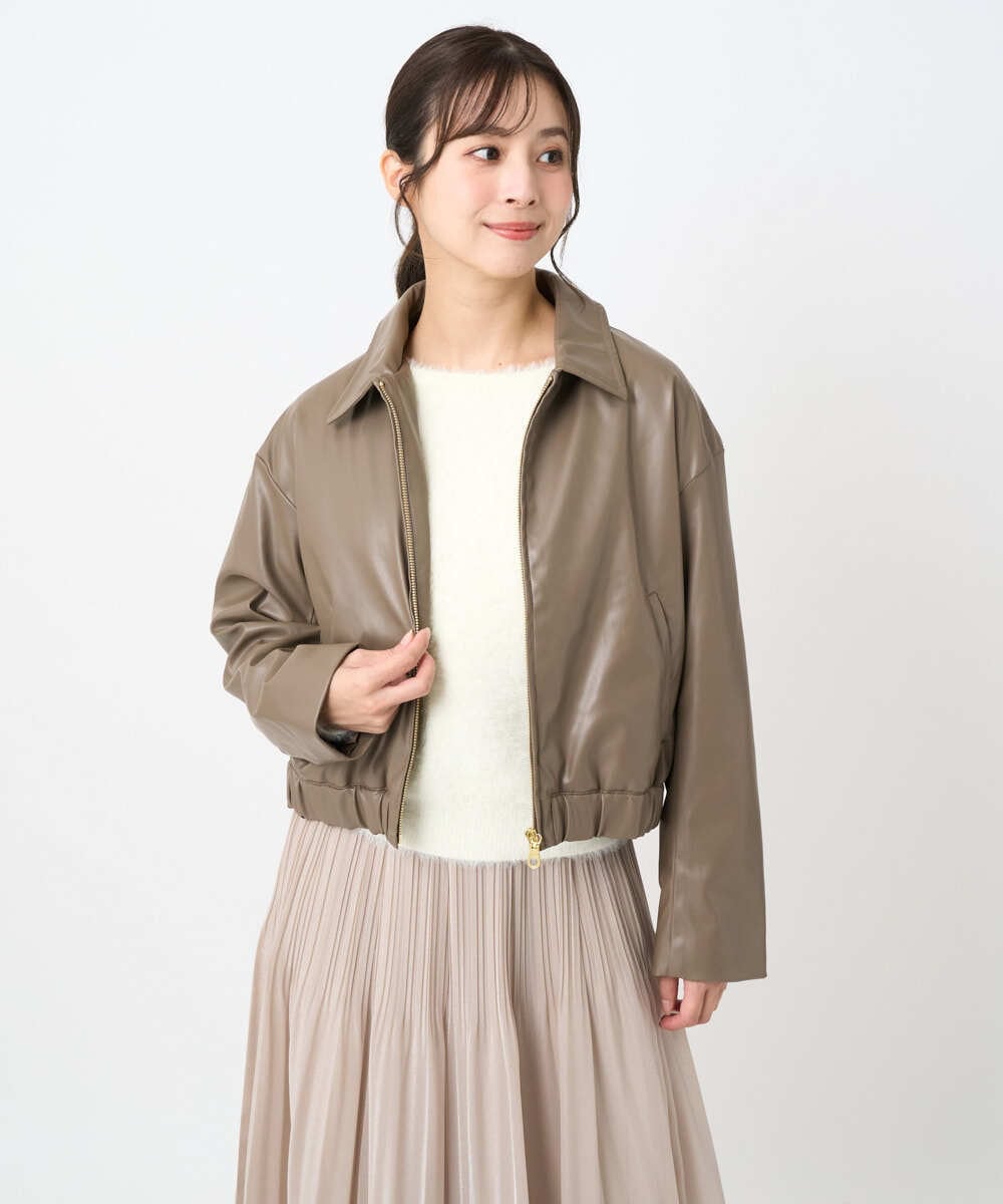 F1JAD41240 MK MICHEL KLEIN(小さいサイズ)(メゾン ドゥ サンク) 【小さいサイズ】ステンカラーフェイクレザーブルゾン/洗える モカ